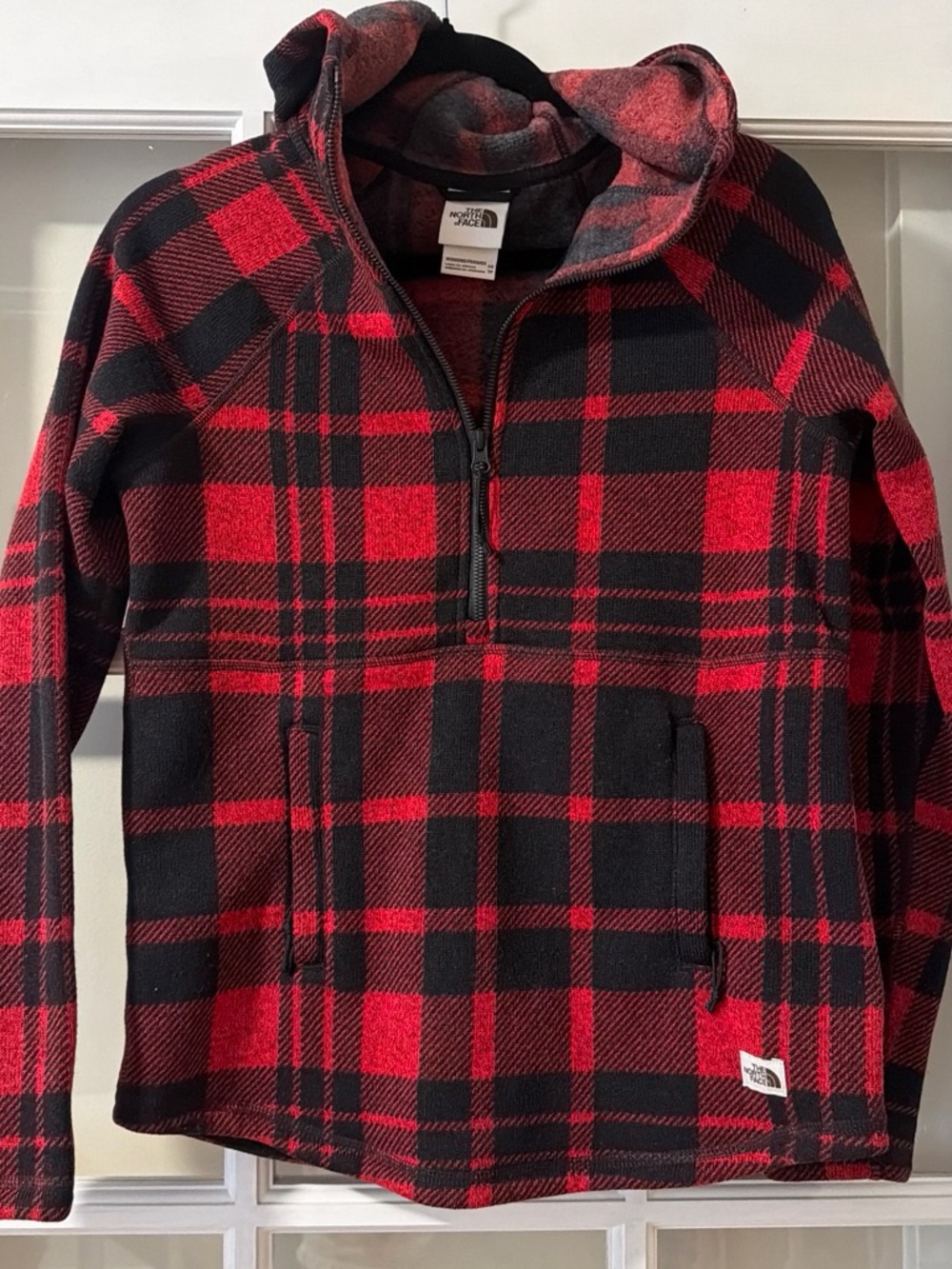 The North Face women’s Red & Black Plaid Zip-Up Fleece Pullover